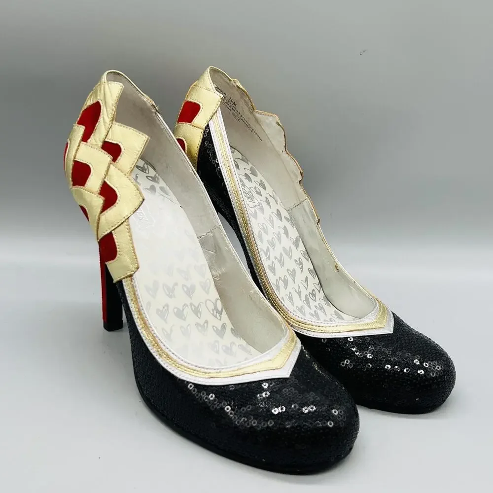 Oh Deer Shoes Women 10 Black Red Gold Sequin Ginger Stiletto Heel Pump Round Toe